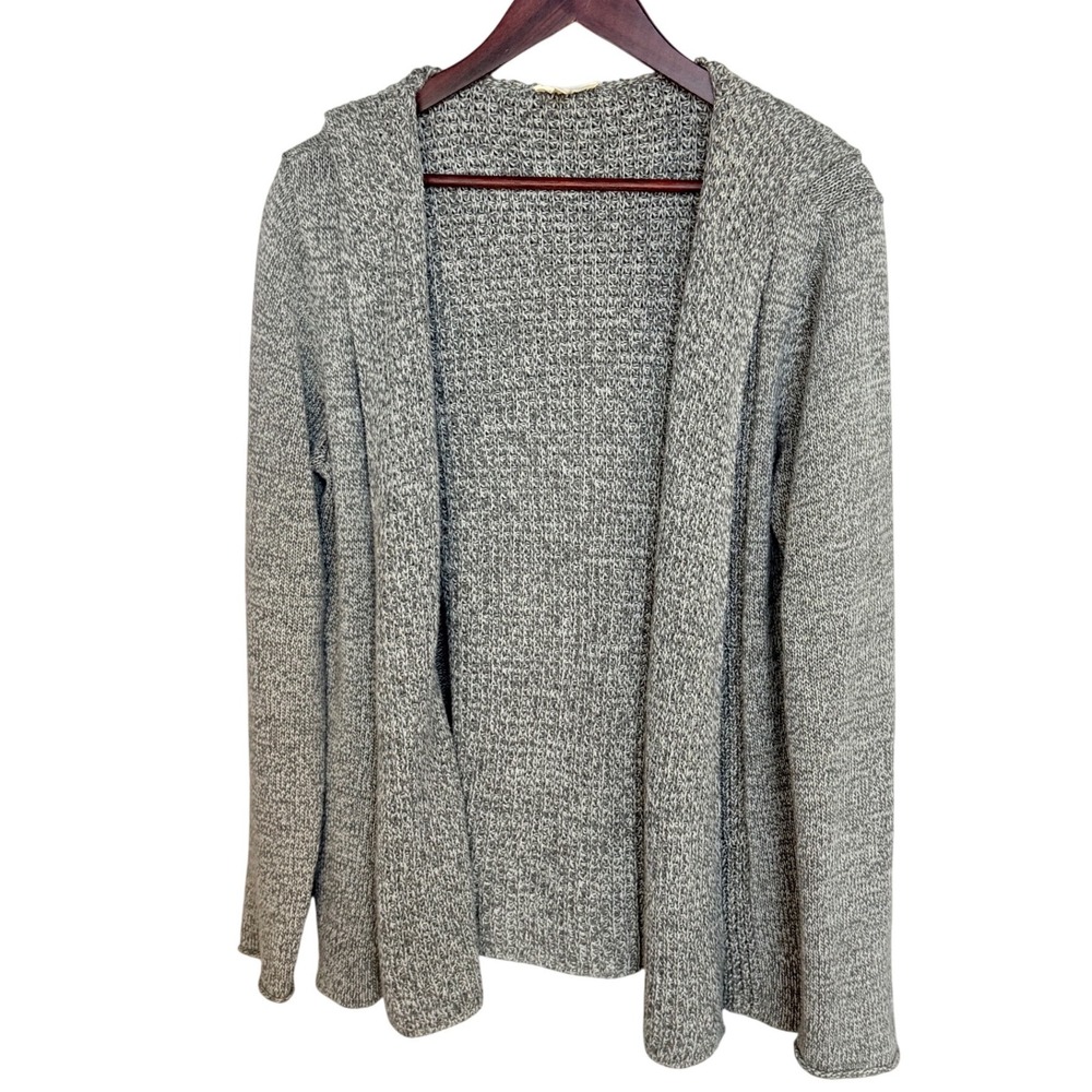 Eileen Fisher Hooded Cardigan Sweater L Gray Organic Cotton Open Front Marled